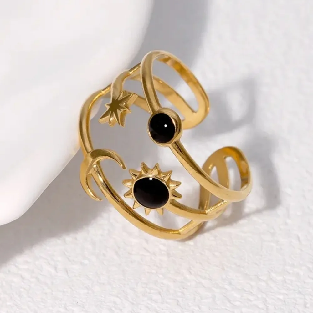 Restocked! New! Adjustable size ring: Sun, Moon & Star Ring, Synthetic Stones